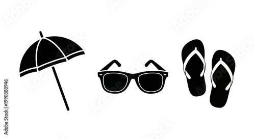 Summer Vacation Essentials Black Silhouette Icons Set: Beach Umbrella, Sunglasses, and Flip-Flops for Holiday Travel