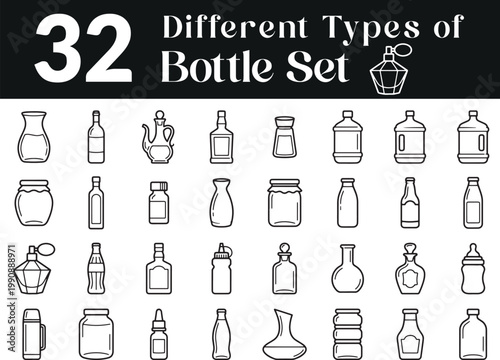 A curated collection of 32 different types of bottles and containers, showcasing various shapes, sizes, and designs for diverse uses.
