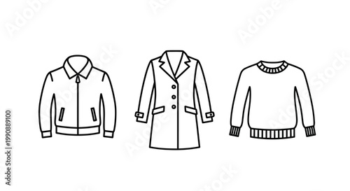 Outline vector icons of various outerwear and knitwear: jacket, coat, and sweater, representing clothing fashion.