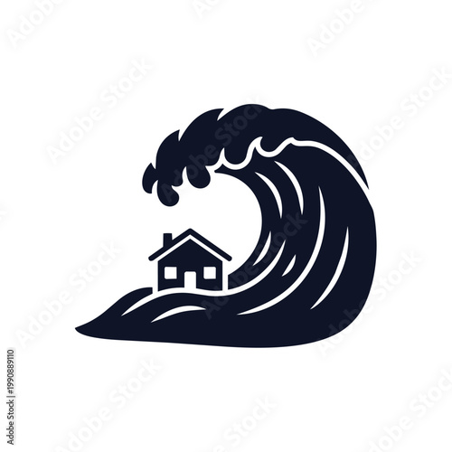 A large dark blue wave about to crash over a small house with a chimney and two windows.