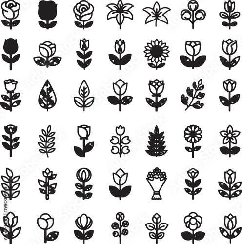 Botanical icons and silhouettes set with hand drawn nature study floral design line art silhouette botanical illustration minimalist decorative stylized collection isolated