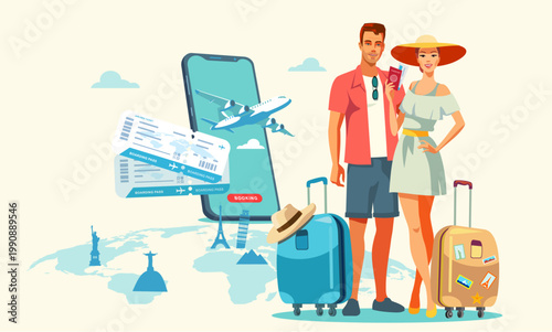 Time to travel, and the married couple have prepared for their vacation, Hotel booking and online flight ticket purchase vector banner design.