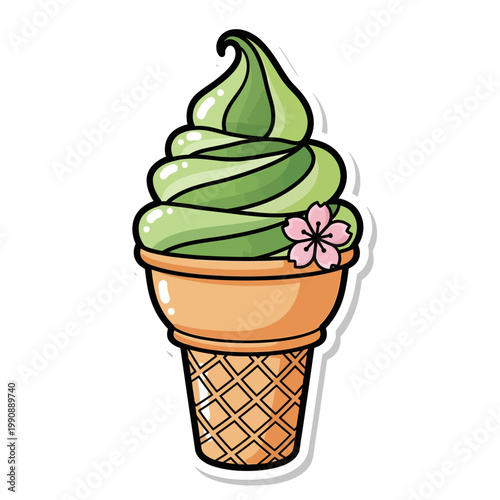 Cartoon matcha green tea soft serve ice cream cone illustration