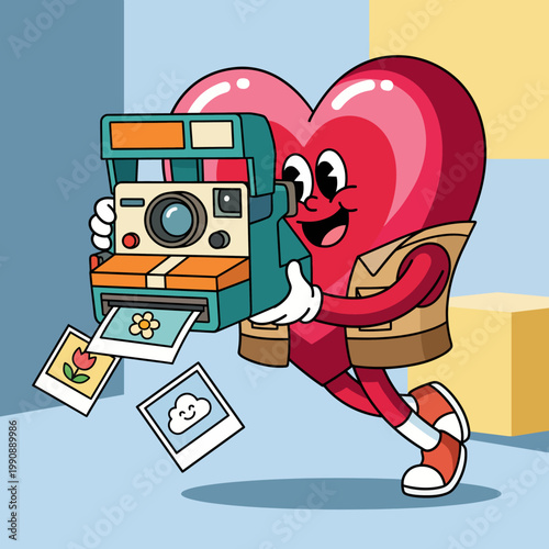 A vibrant heart character joyfully operates an old-fashioned camera, capturing momentos and evoking feelings of love, nostalgia, and happiness through photography.