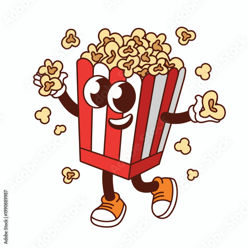 This image features a charming popcorn container animated with expressive eyes and arms, capturing the fun of movie time snacks and playful dining experiences.
