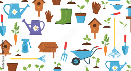 Garden tools and equipment vector illustration set with watering cans wheelbarrow plants birdhouses and gardening accessories collection