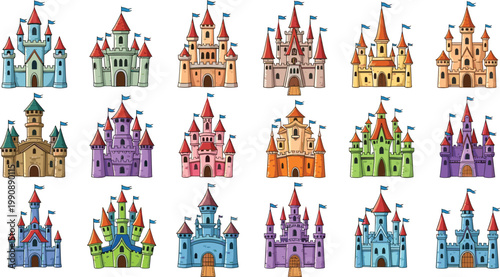 Fairy tale castle vector illustration set with colorful fantasy castles and medieval palace architecture collection