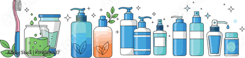 Personal hygiene products vector illustration set with toothbrush toothpaste and cosmetic bottles collection