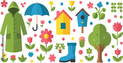 Spring garden elements vector illustration set with raincoat umbrella flowers trees and seasonal outdoor icons collection