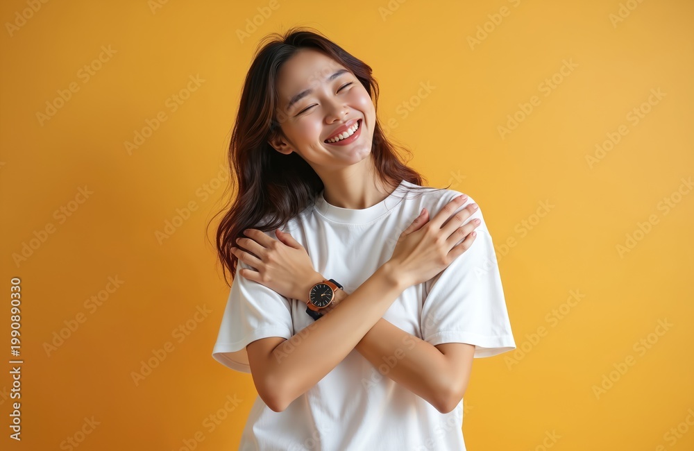 Obraz premium Young Asian woman smiles warmly, hugging herself in a studio with a bright yellow backdrop. She wears a simple white t-shirt and a watch, exuding positive self-love and inner peace.