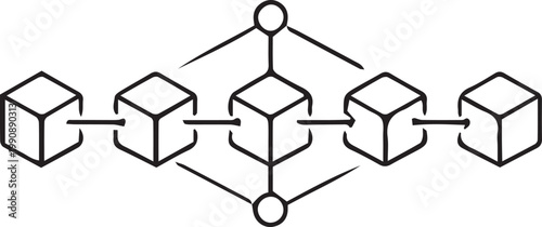 Blockchain technology concept with interconnected cubes representing secure data transfer.