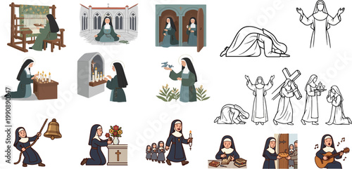 Comprehensive collection of religious sisters engaged in teaching, nursing, and prayer