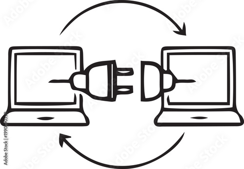 Connecting two laptops with plug and socket symbol for data transfer.