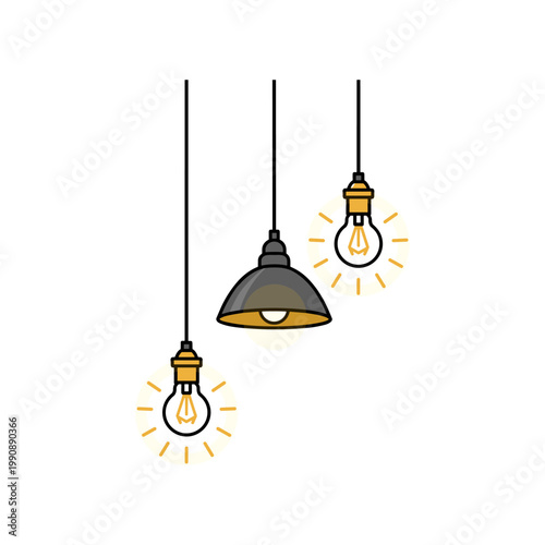 Three stylish hanging light bulbs, one with a modern shade, illuminate a space with a warm glow.