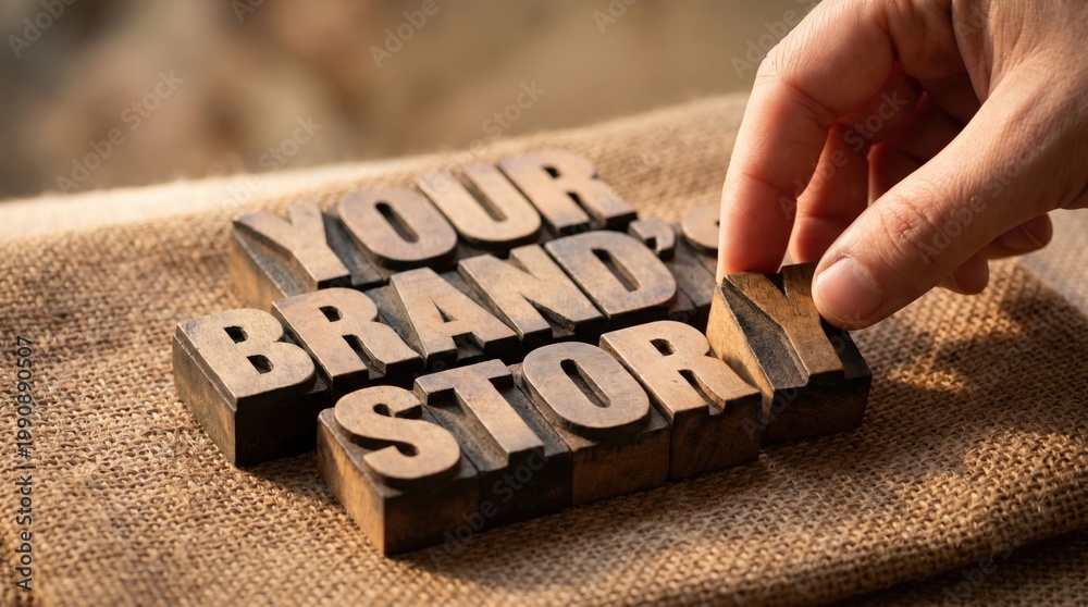 © Your Stocks  - Hand placing wooden letter blocks to spell 'your brand story' with marketing business identity narrative strategy