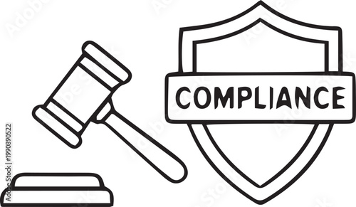 Gavel and shield with compliance text for legal and regulatory business concept.