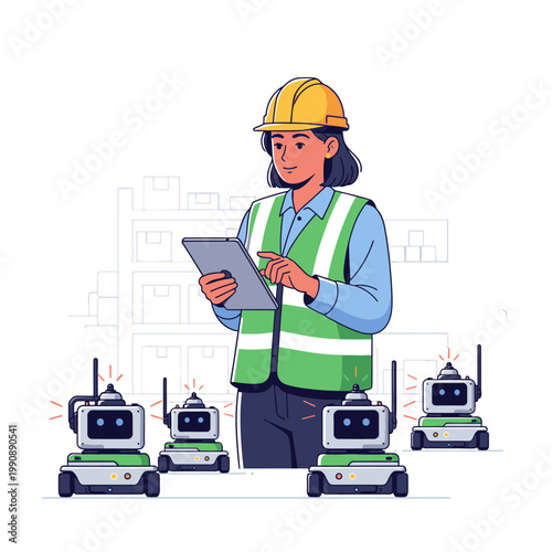 Female engineer in hard hat and vest managing robots with tablet in warehouse, automation concept