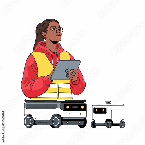 Woman in safety vest with tablet overseeing autonomous delivery robots in warehouse or factory setting