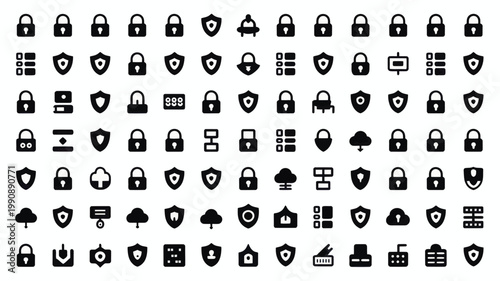 Set of 100 Black Security and Protection Icons Vector