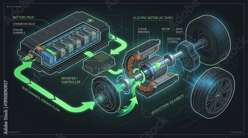 Electric car powertrain diagram showing battery, inverter and motor.