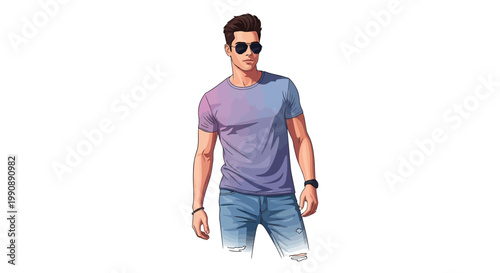 Young Man Wearing Sunglasses Standing Confidently On White Background For Fashion Concepts