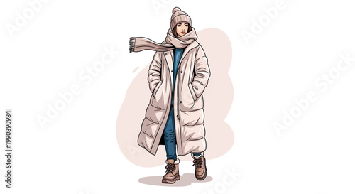 Young Woman Wearing Long White Puffer Coat And Winter Accessories For Fashion Concepts