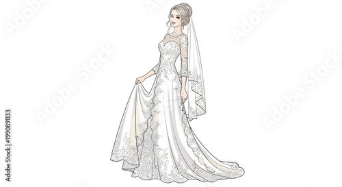 Elegant Caucasian Bride Wearing Lace Wedding Dress And Veil Standing Isolated On White For Wedding Concepts