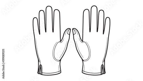 Pair of Outline Gloves Line Art Illustration, Simple Vector Drawing of Protective Handwear for Work, Safety, or Medical Use on White Background.