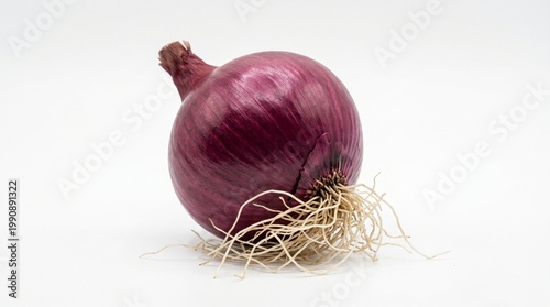 Vibrant Red Onion: A close-up shot of a single, freshly picked red onion, its deep magenta skin beautifully textured and its crisp, fibrous roots visible, offering a natural and wholesome visual.