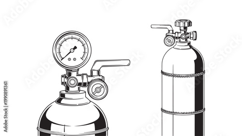 Detailed black and white line art illustration of two industrial gas cylinders with pressure gauges and control valves, representing safety and regulation in gas storage.