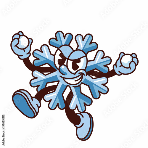 A fun cartoon snowflake character, cheerfully poised with snowballs, embodying the joy and playfulness of winter activities and the excitement of snow-filled adventures.