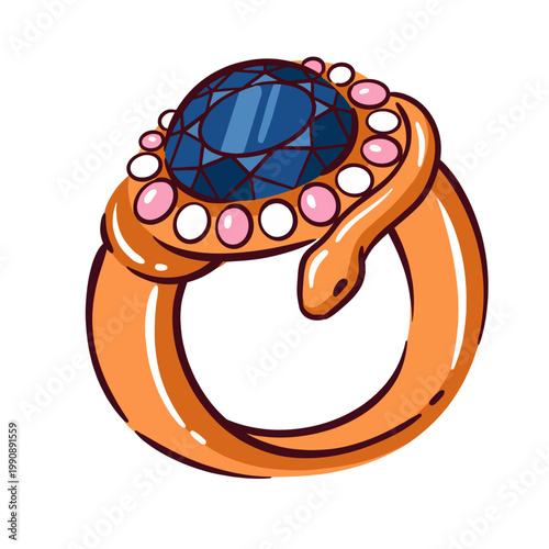 This artistic illustration showcases an elegant serpent ring adorned with a stunning gemstone, merging fashion with symbolism in a modern jewelry design concept.