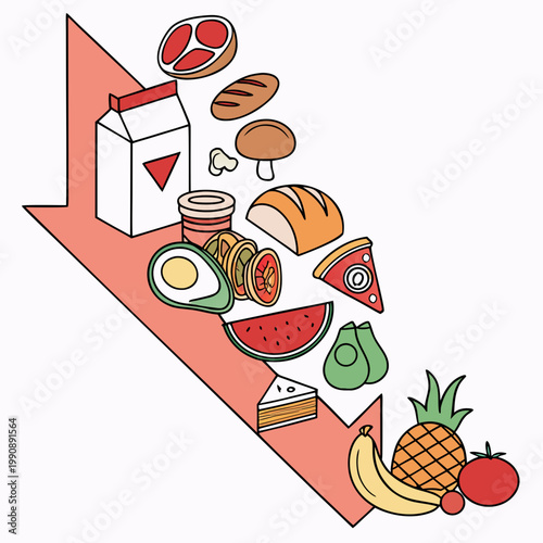 A colorful and whimsical illustration depicts a variety of fresh foods tumbling downwards in a dynamic diagonal arrangement high quality professional detailed