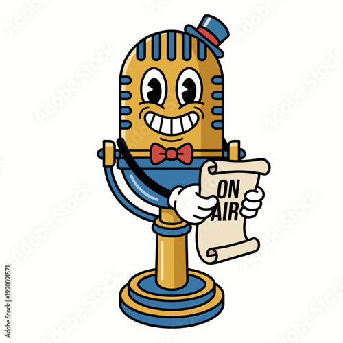A vintage-style microphone with a decorative base holds an 'ON AIR' sign, symbolizing broadcasting and entertainment with a nostalgic and vibrant appeal.
