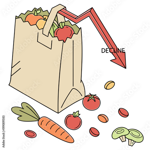 A drawing depicts a paper grocery bag with produce alongside a descending red arrow labeled decline illustrating falling values high quality professional