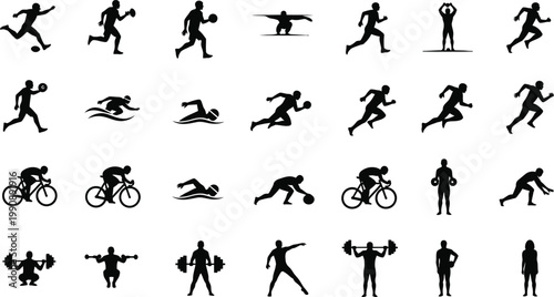 Diverse athletic activities and exercises depicted in silhouette style Vector