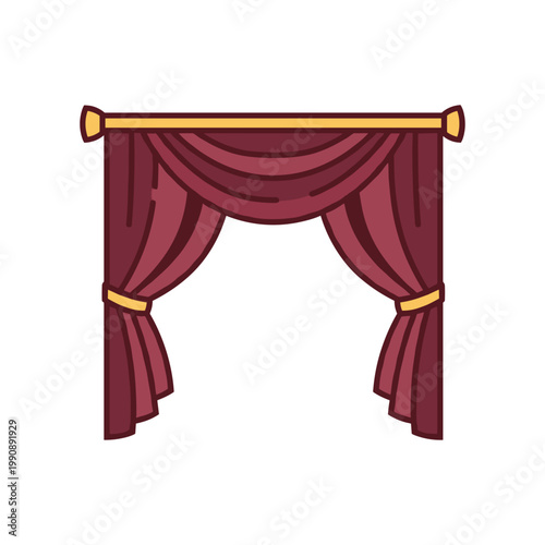 Elegant burgundy stage curtains with golden tie-backs and a golden rod, signifying a theatrical event.