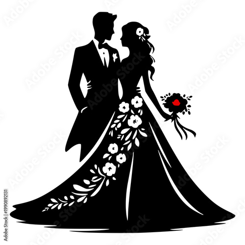 A black silhouette of a bride and groom on their wedding day, with a floral dress and bouquet