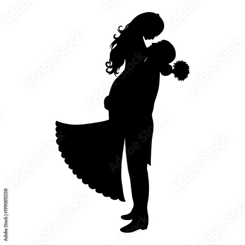 A romantic couple silhouette of a man kissing a pregnant woman on the cheek