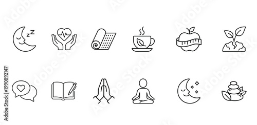 A minimalist set of flat vector icons focused on mental health, emotional well-being, and self-care. Includes symbols for therapy, mindfulness, stress relief, journaling, sleep hygiene, social connect
