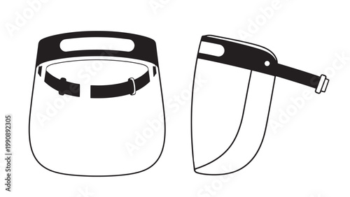 Protective Face Shield Black and White Line Art Vector Illustration for Healthcare and Pandemic Safety Measures