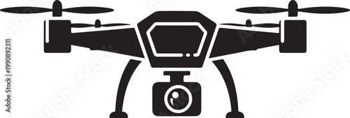 Black geometric drone silhouette with four propellers and central camera