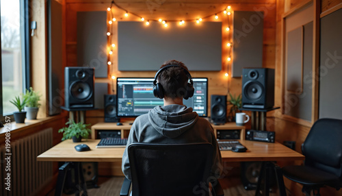 Person wears headphones at desk in wood panel room working on computer. Audio studio setup with speakers, sound panels on wall. Person focuses on screen creating music.