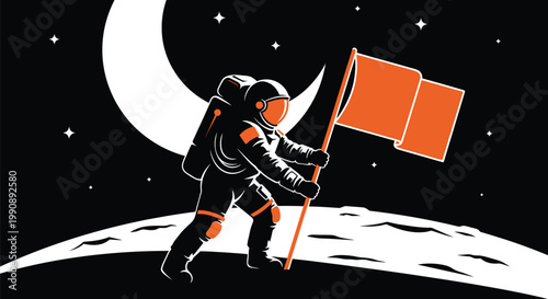 A cartoon silhouette of a man with a rocket skiing over the moon during a winter sport event featuring a hockey player and a child having fun on the ice