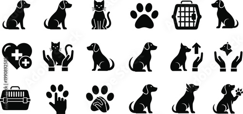 Pet care icon set featuring dogs, cats, paw prints, veterinary hands, medical cross heart, pet carrier, animal welfare symbols