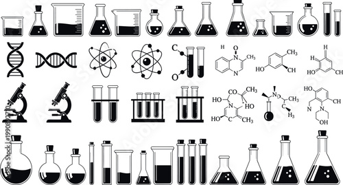 Chemistry lab vector set with glassware molecules DNA microscopes and scientific equipment icons isolated science illustration collection