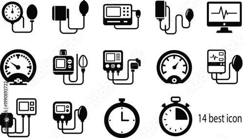 Blood Pressure Monitor Icon Set featuring Digital Sphygmomanometer Medical Gauges Heart Rate Displays and Stopwatch Symbols for Healthcare Diagnostic Equipment