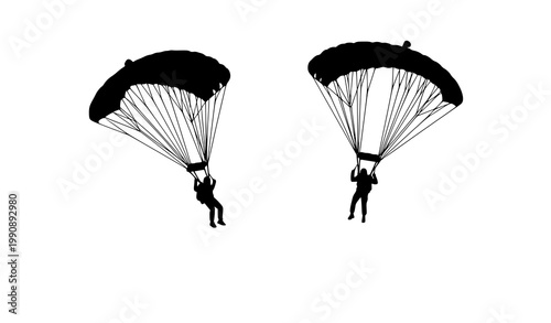 Two parachutists descending diagonal silhouette vector illustration with dynamic skydiving motion design