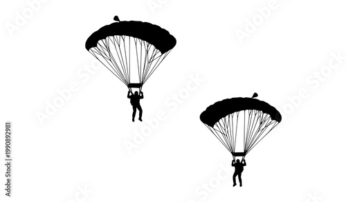 A vector silhouette illustration of two parachutists descending from the sky. Both parachutists are shown in separate positions at different heights, with open parachutes above them and suspension lin