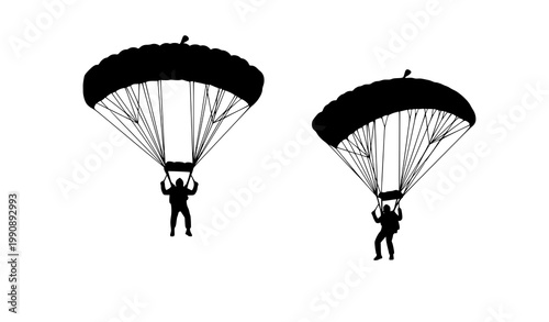 Two parachutists silhouette vector illustration descending from sky with open parachutes in minimal style